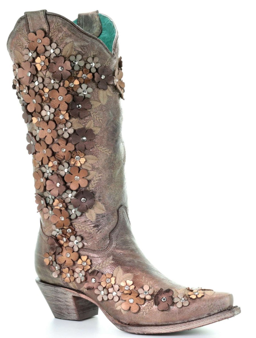 Corral * | Corral Boots Best Price Corral Tobacco Floral Overlay Embroidery Studs Crystals A3602