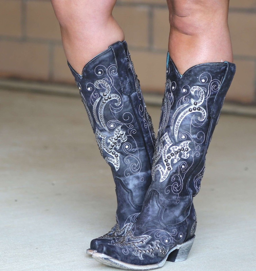 Corral * | Corral Boots Best-Selling Corral Black Overlay Embroidery Studs And Crystals A3637