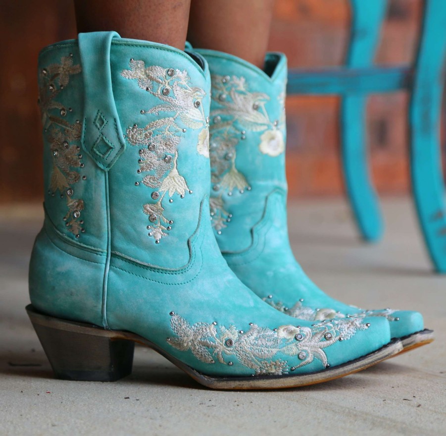 Corral * | Corral Boots Discount Online Corral Turquoise Floral Embroidery Studs Crystals Ankle Boot A4316