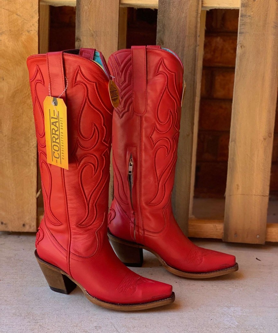 Corral * | Corral Boots Best-Selling Corral Ruby Red Tall Top Stitch And Inlay Boot Z5076