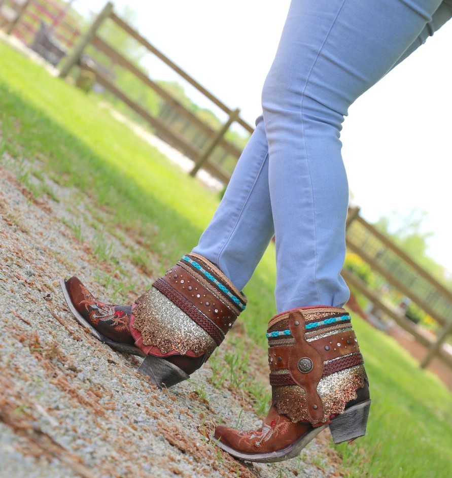 Corral * | Corral Boots Promotions Corral Distressed Brown Floral Embroidery Flipped Shaft Ankle Boot A3687