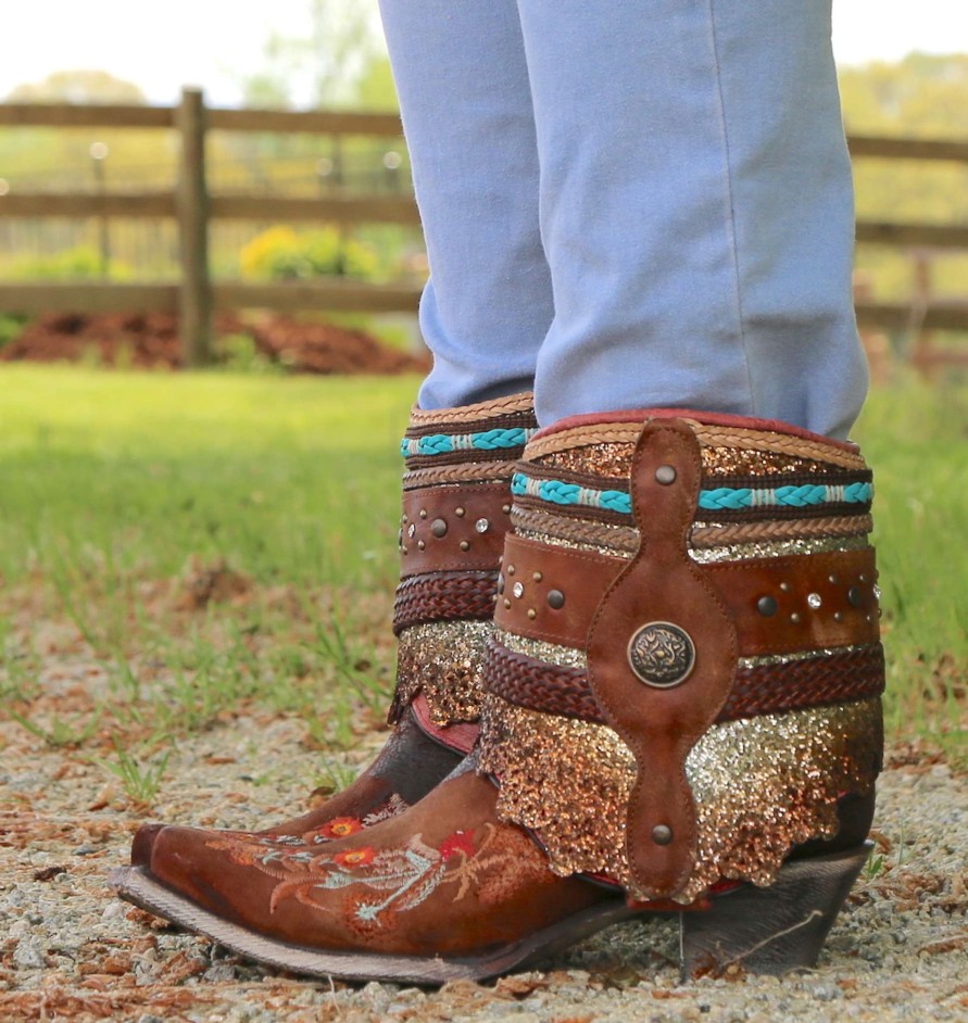 Corral * | Corral Boots Promotions Corral Distressed Brown Floral Embroidery Flipped Shaft Ankle Boot A3687