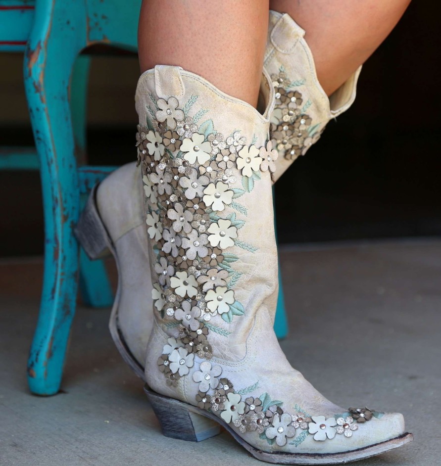 Corral * | Corral Boots Quick Delivery Corral White Floral Overlay Embroidery Studs Crystals A3600